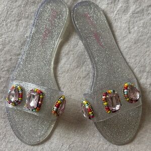 Betsey Johnson Clear Glitter Slide Sandals with Pink Gems and Multicolor Beads 7